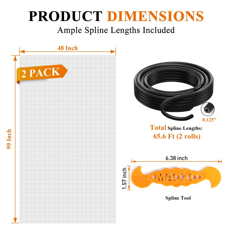 MAGZO 2PACK MAGZO Window&Door Screen Replacement Kit, 48''W x 99''L, with Retainer Spline (Total 65.6 FT) and Press-Fit Roller Tool, Scratch-Proof Polyester, Mesh Roll Repair for Patio, Pet Friendly, Grey - Image 2